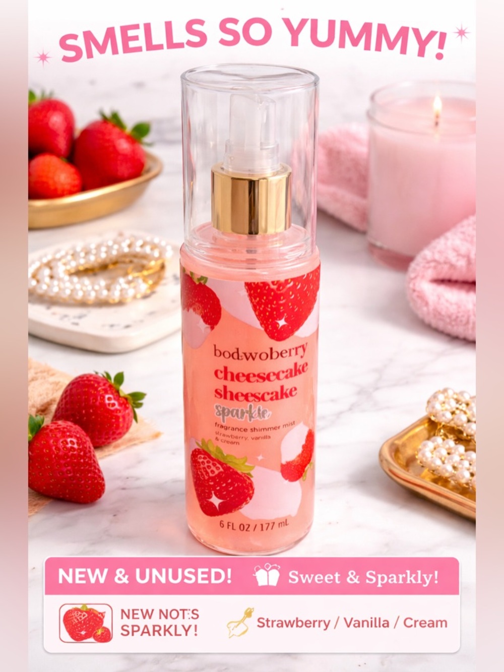 Bodycology Strawberry Cheesecake Sparkle Fragrance Mist 6 oz Sweet Scent